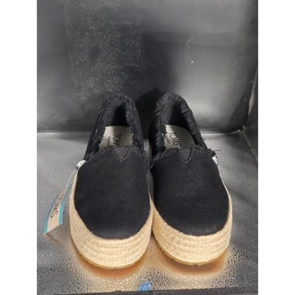 Toms Valencia Black Canvas Fray Platform Espadrille Slip On Shoes Womens 10 NEW